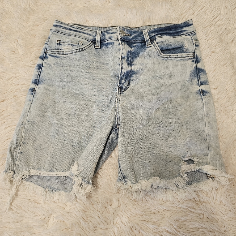 Blue Distressed Jean Shorts with Frayed Hem